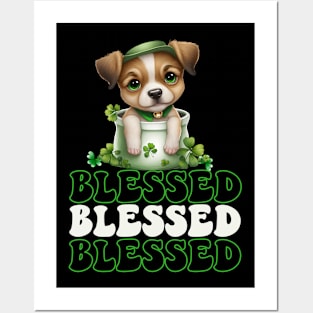 St. Patricks Day Decor Blessed By Sapphire Star St. Patrick's Christian Blessed Puppy with Hat & Bowtie Posters and Art